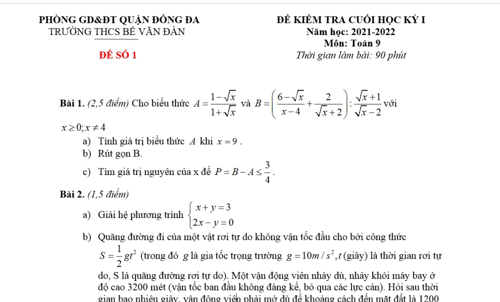 Toán 9: Đề kiểm tra cuối học kì 1. Trường THCS Bế Văn Đàn - Đống Đa năm học 2021-2022